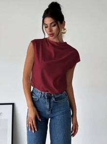 Firerie 女士简约优雅时尚通勤办公室立领不对称肩部褶皱修身衬衫 - 酒紅色 - 查看 4