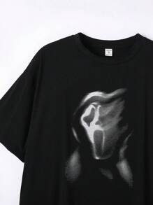 SHEIN 1pc Teen Boys' Casual Street Style Cool Printed Black Knitted Short Sleeve T-Shirt, Suitable For Summer Outings