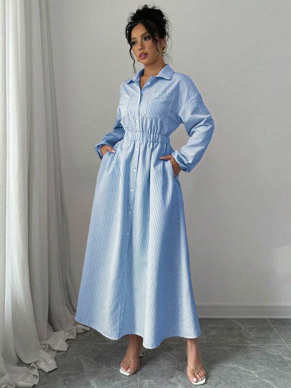 Elenzga Women's Casual Striped Self-Tie Waist Button Front Shirt Dress, Autumn Maxi Women Outfit