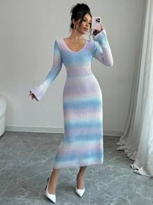 Elenzga 1 件女式修身 V 领渐变色针织毛衣裙（印花图案随机） - 彩色 - 查看 1