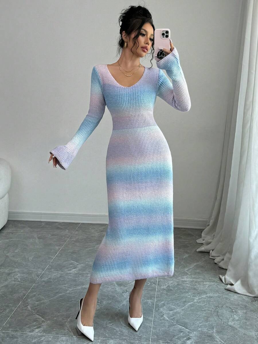 Elenzga 1 件女式修身 V 领渐变色针织毛衣裙（印花图案随机） - 彩色 - 查看 1