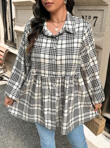 SHEIN LUNE 大码洋娃娃风格女式格子长袖休闲衬衫感恩节装扮节日装扮 - 彩色 - 查看 3