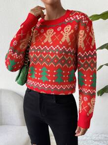 Chiquease 1 件女式姜饼人几何印花长袖休闲毛衣，秋冬季新年衣服 - 紅色 - 查看 6