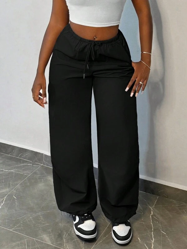Slaydiva Hippy Punk Street Style Women Straight Loose Cargo Pants With Drawstring Waist & Pockets, Casual Joggers