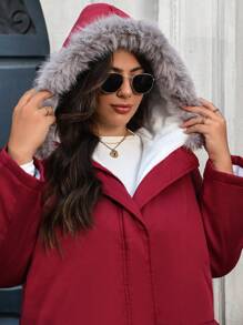 SHEIN Unity Plus Size Women Padded Hooded Coat, With Pockets, Loose Fit, Plush Patchwork Detail, Winter Clothes Fall Cloth For Women - Burgundy - View 3