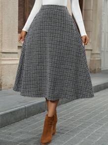 EMERY ROSE 女士休闲格子 A 字裙，适合秋季 - 黑與白 - 查看 7