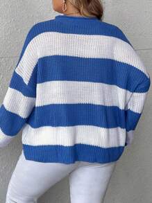 SHEIN CURVE+ Suéter holgado de mujer de punto, con cuello redondo, de rayas, elegante y versátil, talla grande, para invierno