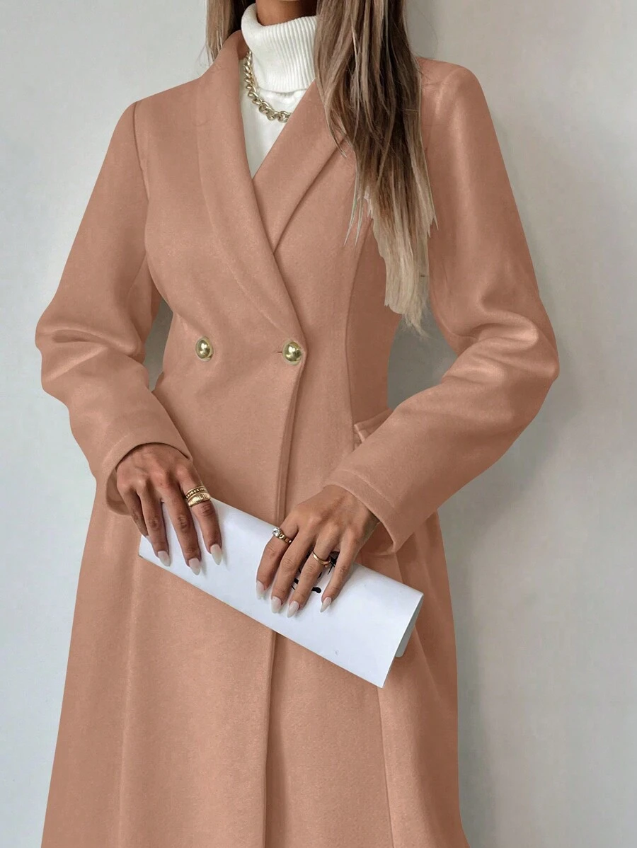 SHEIN Clasi Women's Solid Color Long Sleeve Elegant Cinched Waist Double-Breasted Jacket, Autumn/Winter Fall Cloth For Women - Brown - View 1