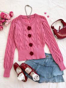 Soleia WYWH Women Vacation 3D Floral Crochet Knitted Cardigan Sweater, Rhombus Cable Knit Open Front Sweater, Rose Pink Color - Hot Pink - View 7