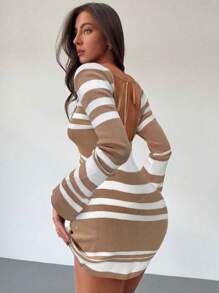 Aloruh Modern Casual Bodycon Mini Backless Lace Up Bell Sleeve Asymmetrical Striped Women Sweater Dress - Multicolor - View 2