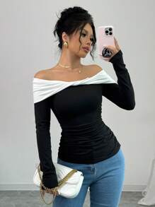 Chiquease Damen Lässig Gerafftes Off-Shoulder Langarm Figurbetontes T-Shirt, Herbst