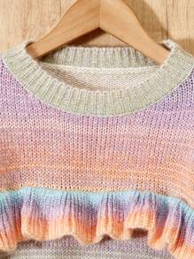 Tween 女童渐变彩虹荷叶边圆领长袖套头衫，常规款式，适合日常、外出、秋冬、活动 - 彩色 - 查看 3