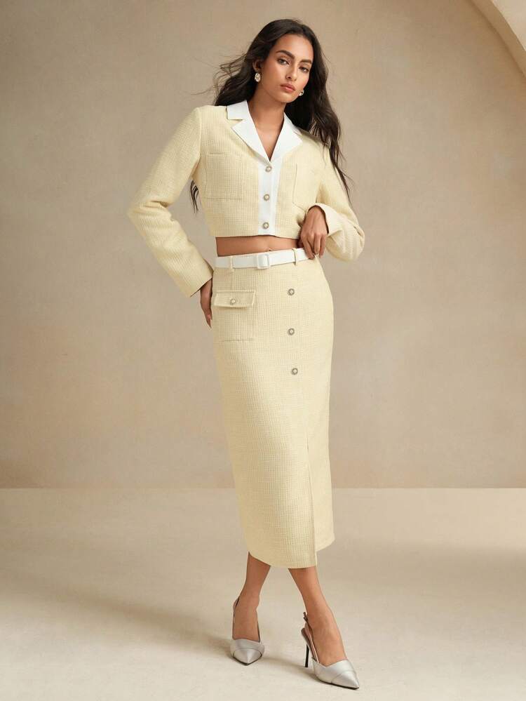 2pcs Elegant Colorblock Patchwork Cropped Jacket And Skirt Set, Autumn