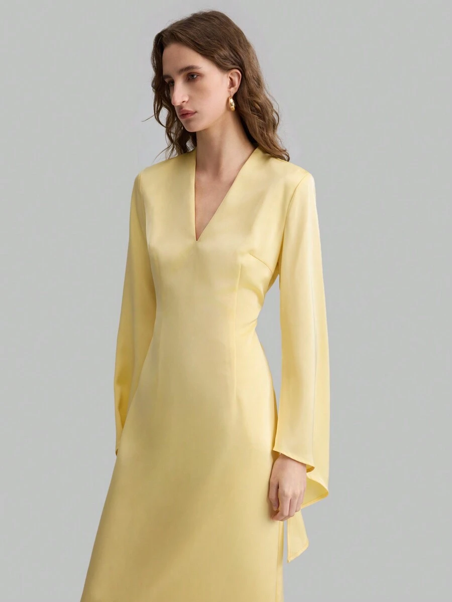 Ontre Women's 2025 Spring Fashion V-Neck Long Bell Sleeve Asymmetrical Party Formal Dress, Cream Yellow Mid-Calf Dress - Yellow - View 1
