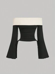 SHEIN MOD Camiseta de manga campana con cordón y hombros descubiertos en contraste, camiseta de otoño e invierno, camiseta, camiseta interior