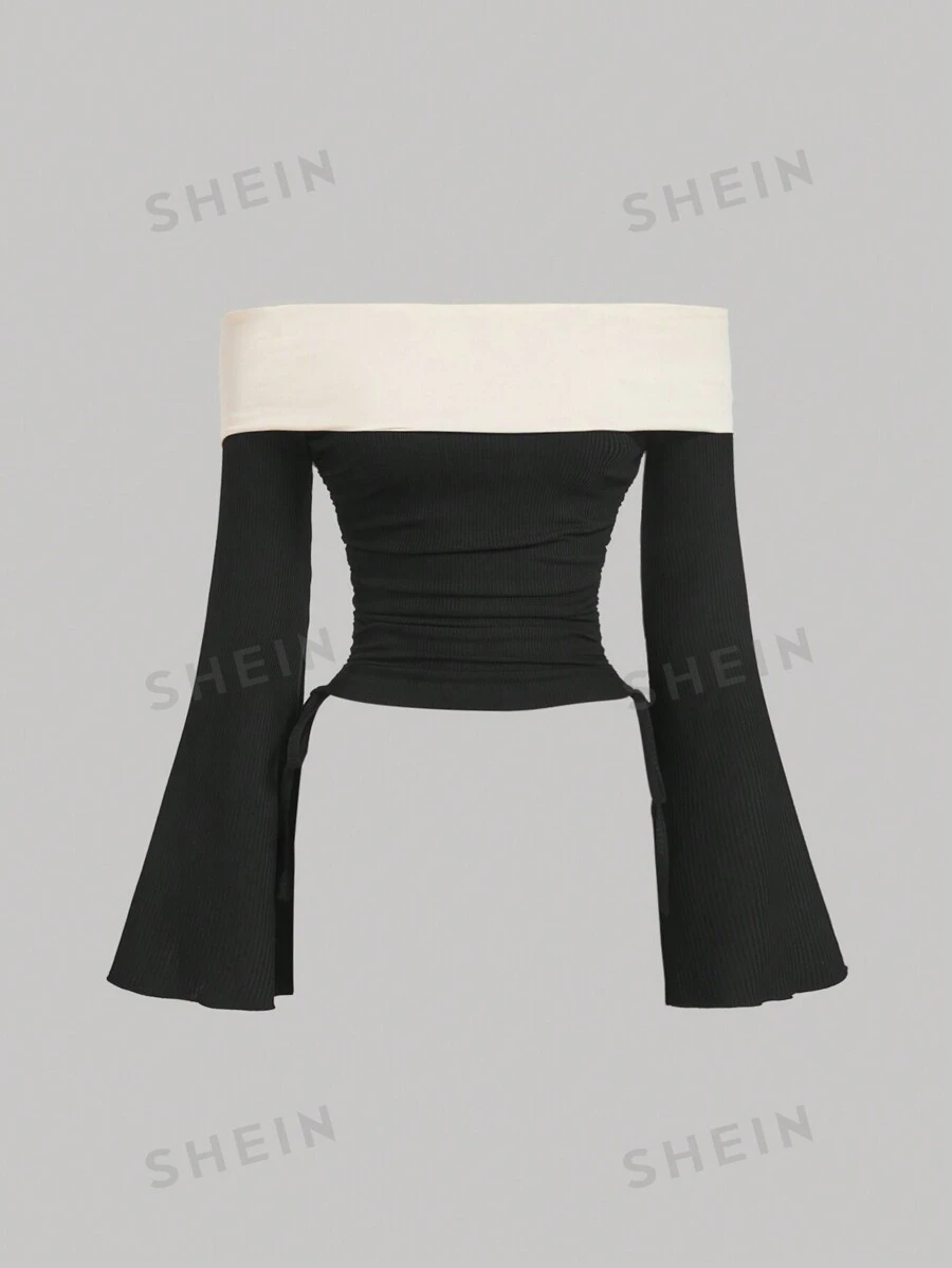SHEIN MOD Camiseta de manga campana con cordón y hombros descubiertos en contraste, camiseta de otoño e invierno, camiseta, camiseta interior