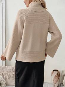 SHEIN LUNE Women Plain Turtleneck Long Sleeve Minimalist Sweater, Casual Everyday Wear Knit Pullover Fall Winter - Khaki - View 2