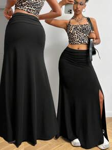 SHEIN EZwear Women's Fall/Winter Y2K Coachella  Music Festival Sexy Fashion Rib Knit Stretchy Pleated High Split Comfy Black Mid Rise Maxi Skirt For Halloween Party And New Year Eve