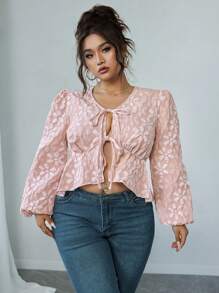 Flirla Blusa con mangas de farol, dobladillo con volantes, cierre delantero con lazo, diseño jacquard floral, talla grande, otoño - Rosa - Ver 3