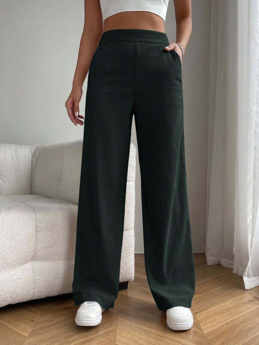 SHEIN EZwear 1 件女式纯色高腰口袋直筒宽松休闲裤 - 墨綠色 - 查看 1