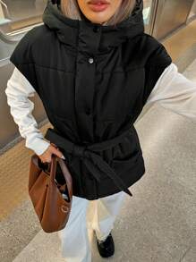 SHEIN Essnce Women's Winter Long Padded Coat Vest With Belt And Hood, Black - Coffee Brown - View 3