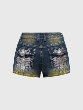 Grunge Punk Y2K Stil sexy Kreuz Stickerei & Strass Dekor ultratiefe Taille Damen Mini Denim Shorts