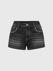 ROMWE Grunge Punk Y2K Style Cross Embroidered & Rhinestone Decor Extremely Low Rise Mini Denim Shorts For Women - Black - View 2