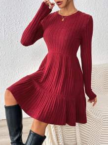 SHEIN Essnce Women Solid Color Round Neck Long Sleeve Ribbed Casual Mini Dress, Autumn - Burgundy - View 4