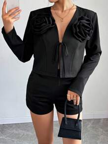 Chiquease Women Elegant Floral Embellished Twist Front Suit Jacket, Solid Color Fall Cloth For Women - Black - View 7