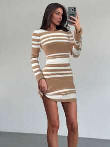 Aloruh Modern Casual Bodycon Mini Backless Lace Up Bell Sleeve Asymmetrical Striped Women Sweater Dress - Multicolor - View 5