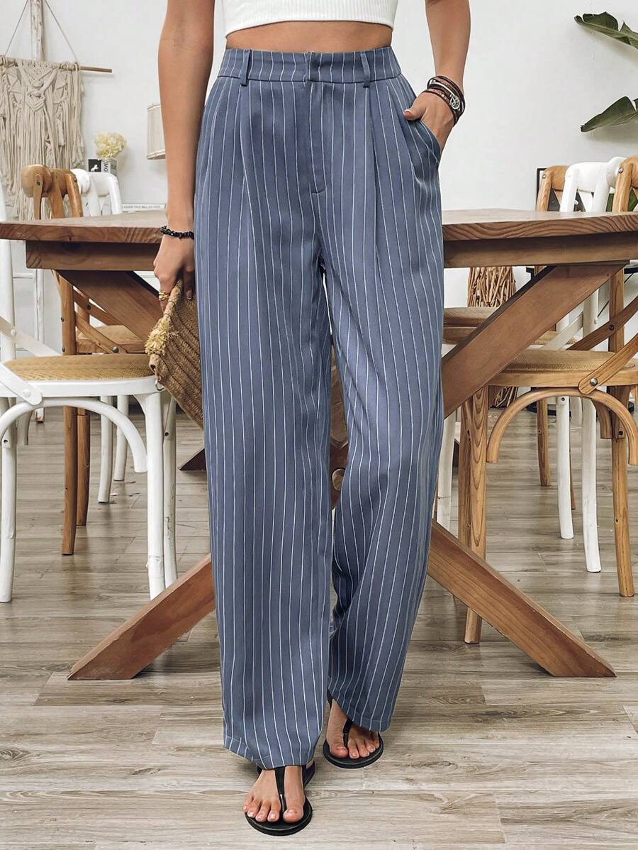 SHEIN VCAY Women Striped Pleated Pocket Straight Loose Casual Pants - Dark Grey - View 1