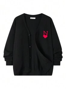 SHEIN 1pc Teen Boys' Casual Academy Style Loose Fit Long Sleeve Cardigan, Comfortable & Versatile, Adorned With Heart & Letter Jacquard Patterns, Suitable For Autumn And Winter Outings