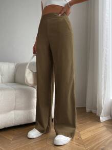 SHEIN EZwear Quần ống đứng đơn giản, họa tiết trơn, túi bên hông, mặc hàng ngày cho nữ - Màu nâu  Mocha - Xem 3