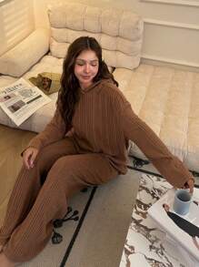 SHEIN Set de 2 piezas de pijama para adolescentes con sudadera con capucha de punto acanalado de manga larga y pantalón recto suelto y cómodo, para otoño/invierno