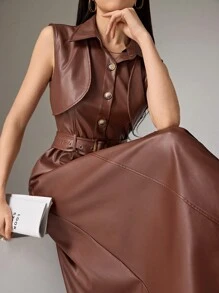 Heiryn 女式时尚前扣无袖连衣裙，秋季 - 咖啡棕 - 查看 5