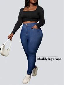 Flexra Pantalones informales de mezclilla elástica de punto talla grande con elástico