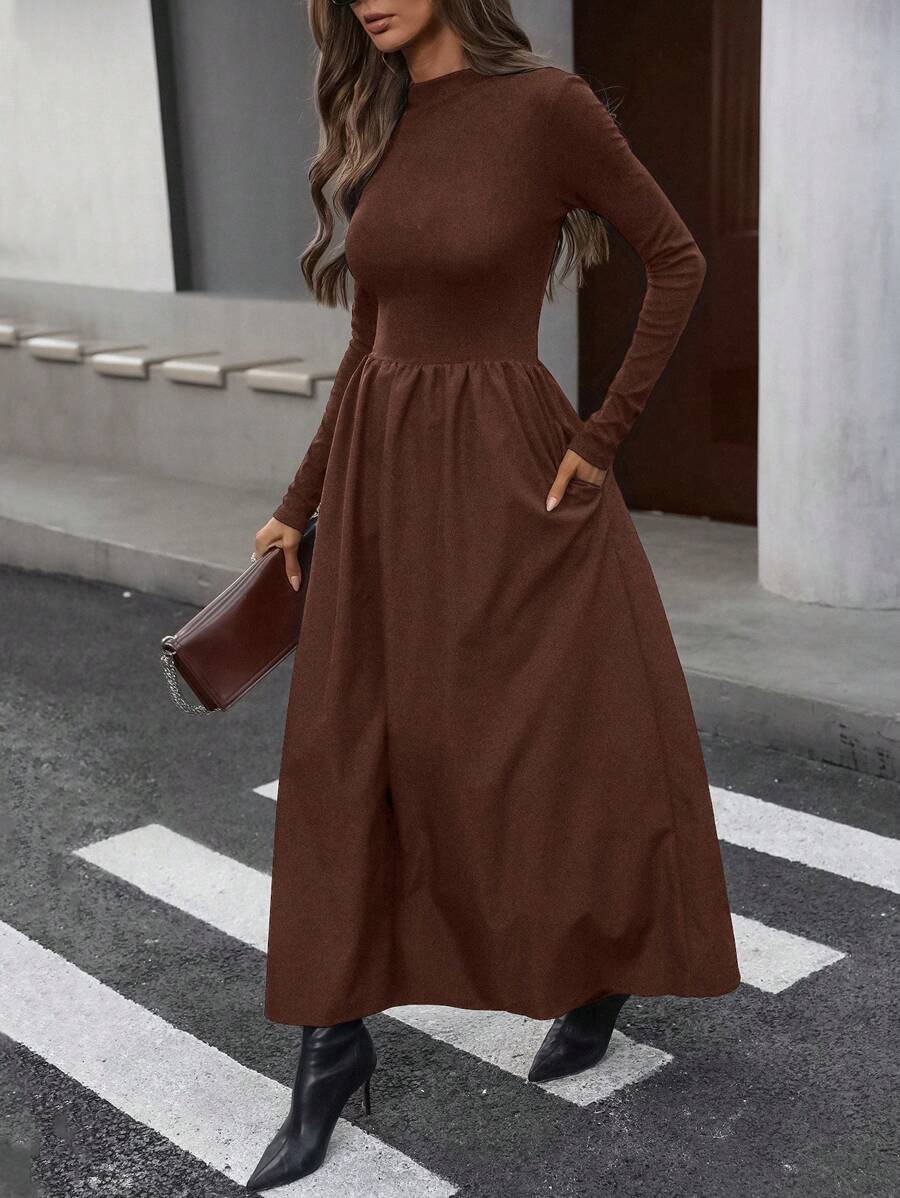 Ciel Poise 女士优雅收腰拼接长袖连衣裙，简约风格女士优雅连衣裙 - 咖啡棕 - 查看 1