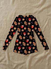 SHEIN Essnce Women's Cute Gingerbread Print Jumpsuit, Long Sleeve, Spring/Autumn
