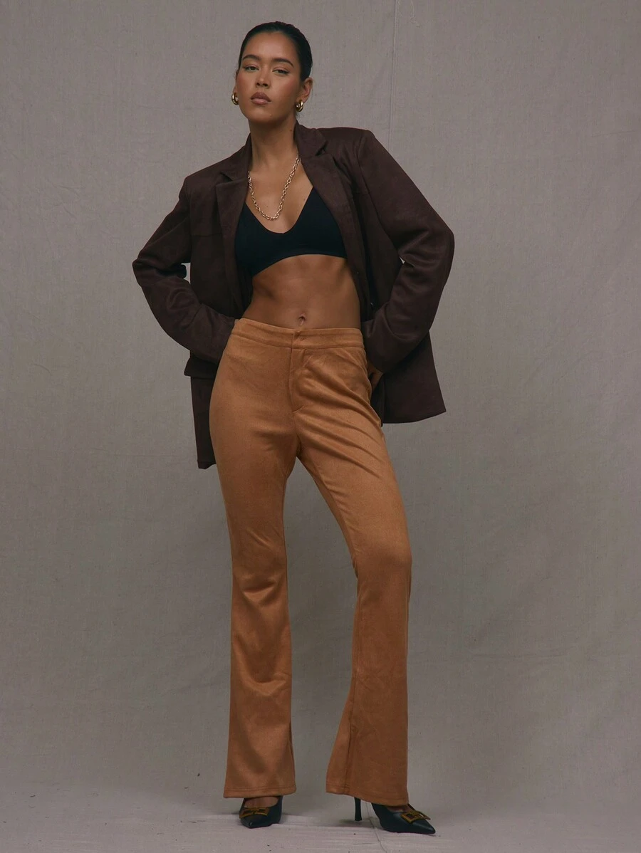 MUSERA Faux Suede Zip Fastening Flare Trousers 90's Summer Sexy - Brown - View 1