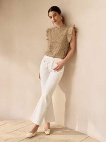 MOTF PREMIUM GUIPURE LACE SOLID FRILL MOCK NECK RUFFLE ARMHOLE TOP - Khaki - View 4