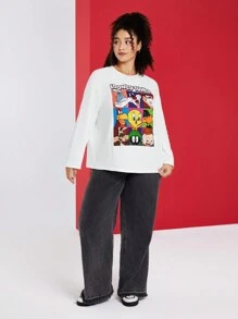 LOONEY TUNES X SHEIN 加大码超大经典多人物大图案英文字母印花崔弟达菲鸭白色 T 恤 - 白色 - 查看 6