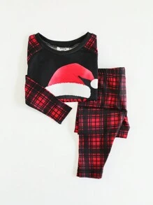 SHEIN 2 stuks Baby Boy Snug Fit Kerstmuts Grafische Ronde Hals Raglan Mouw T-shirt & Geruite Patroon Broek Casual Comfortabele Pyjama Set, Herfst/Winter