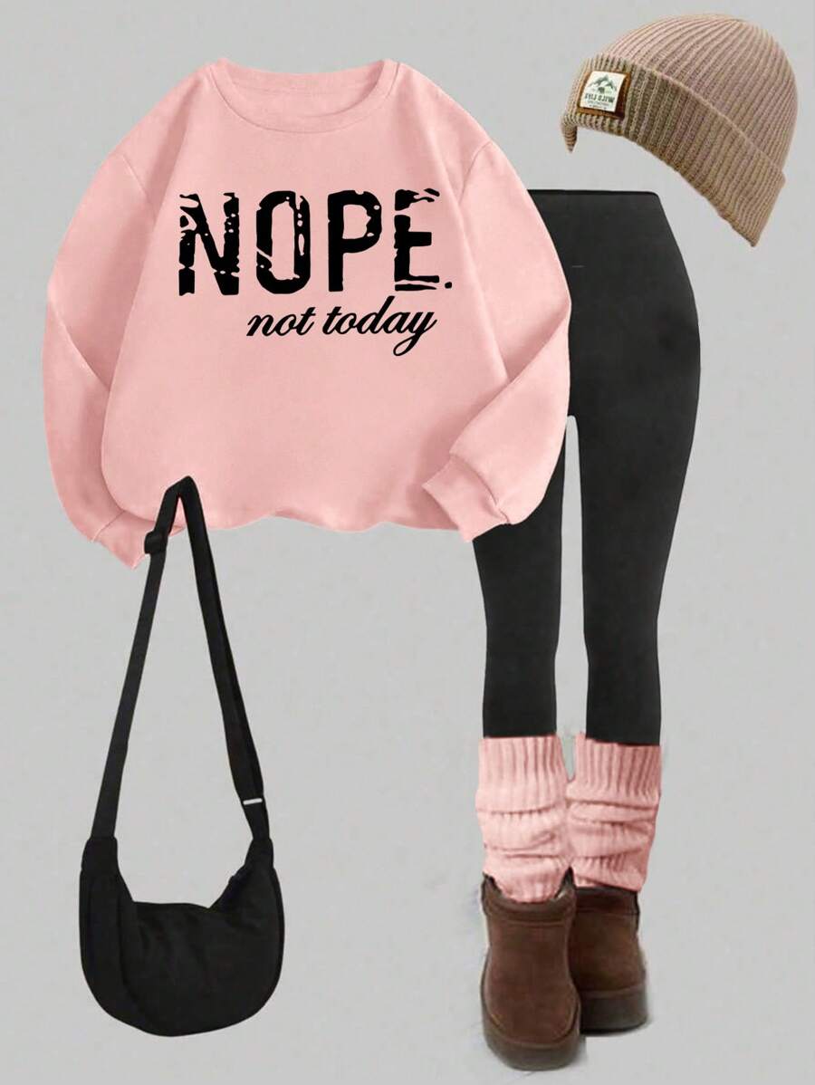 SHEIN Leap Crew Bộ 2 áo nỉ và quần thường ngày cho bé gái tuổi mới lớn, áo chui đầu dài tay dày và quần dài, phù hợp cho mùa thu đông, trang phục mùa thu - Hồng - Xem 1