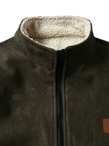 Manfinity Homme 男士休闲日常保暖内衬拉链前立领夹克，秋冬季外出保暖长袖绿色夹克，适合朋友、丈夫、男朋友的礼物 - 軍綠色 - 查看 3