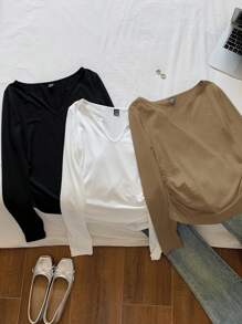SHEIN EZwear Plus Size Women 3-Piece Casual V-Neck Long Sleeve T-Shirt Set, Multi-Colors