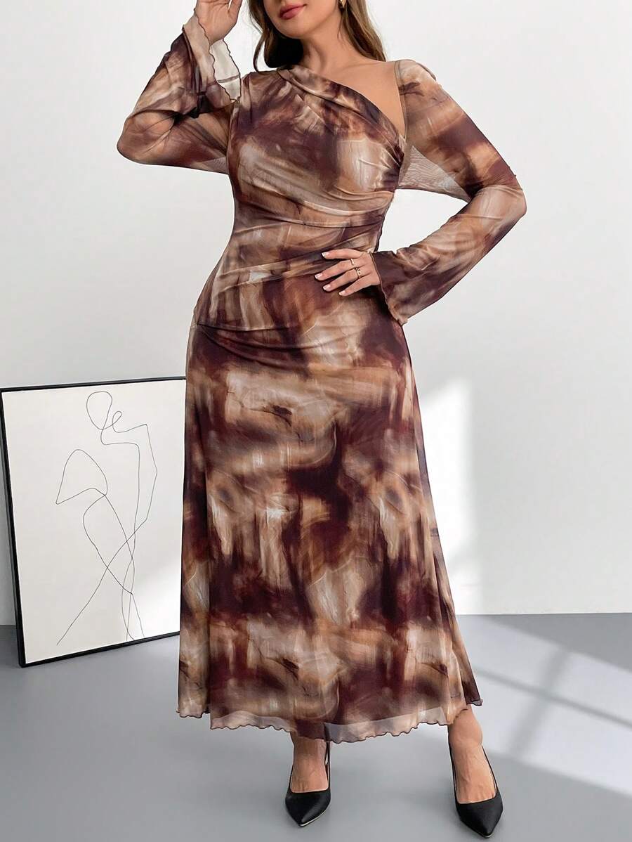 SHEIN Essnce PlusSize Women Print Dress, Brown Dress, Elegant Date