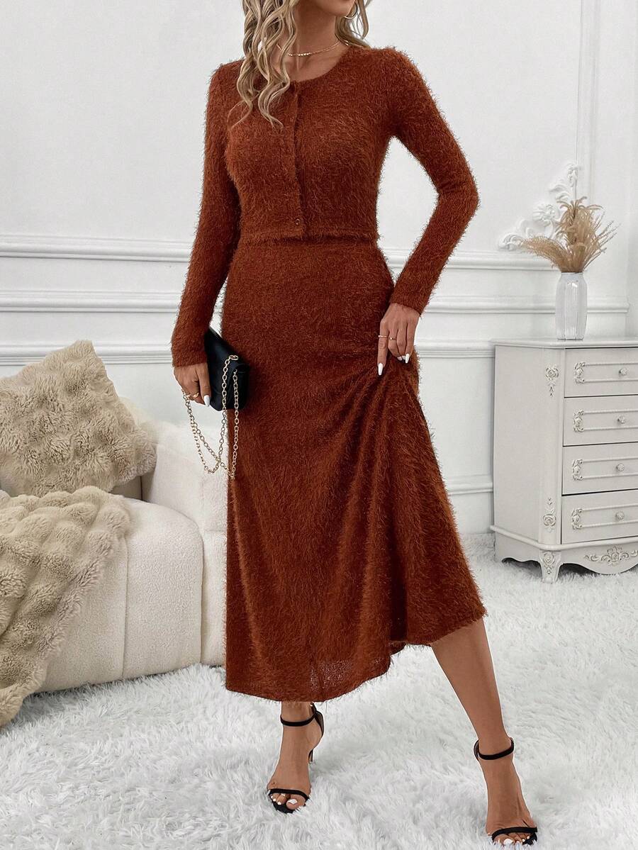 SHEIN Clasi 2pcs/Set Women Casual Solid Color Fluffy Cardigan And A