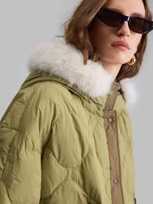 Ontre Women Olive Green Colorblock Long Sleeve Fluffy Hooded Pockets Puffer Jacket, Winter