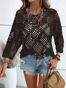 SHEIN PETITE Pulls ajourés style vacances avec motif floral 3D col V ample