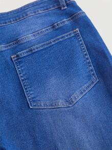 SHEIN MOD 大码女式牛仔裤，紧身喇叭裤腿，前开衩，休闲 - 深色水洗藍 - 查看 4